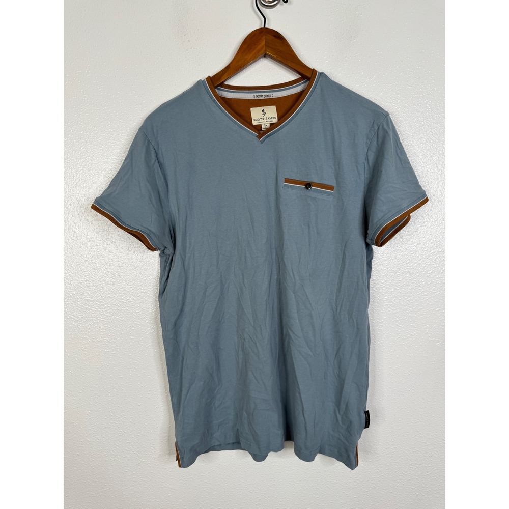 Scott James Mens V-Neck T-Shirt Blue Brown Trim Cotton Blend Pocket Tee Large